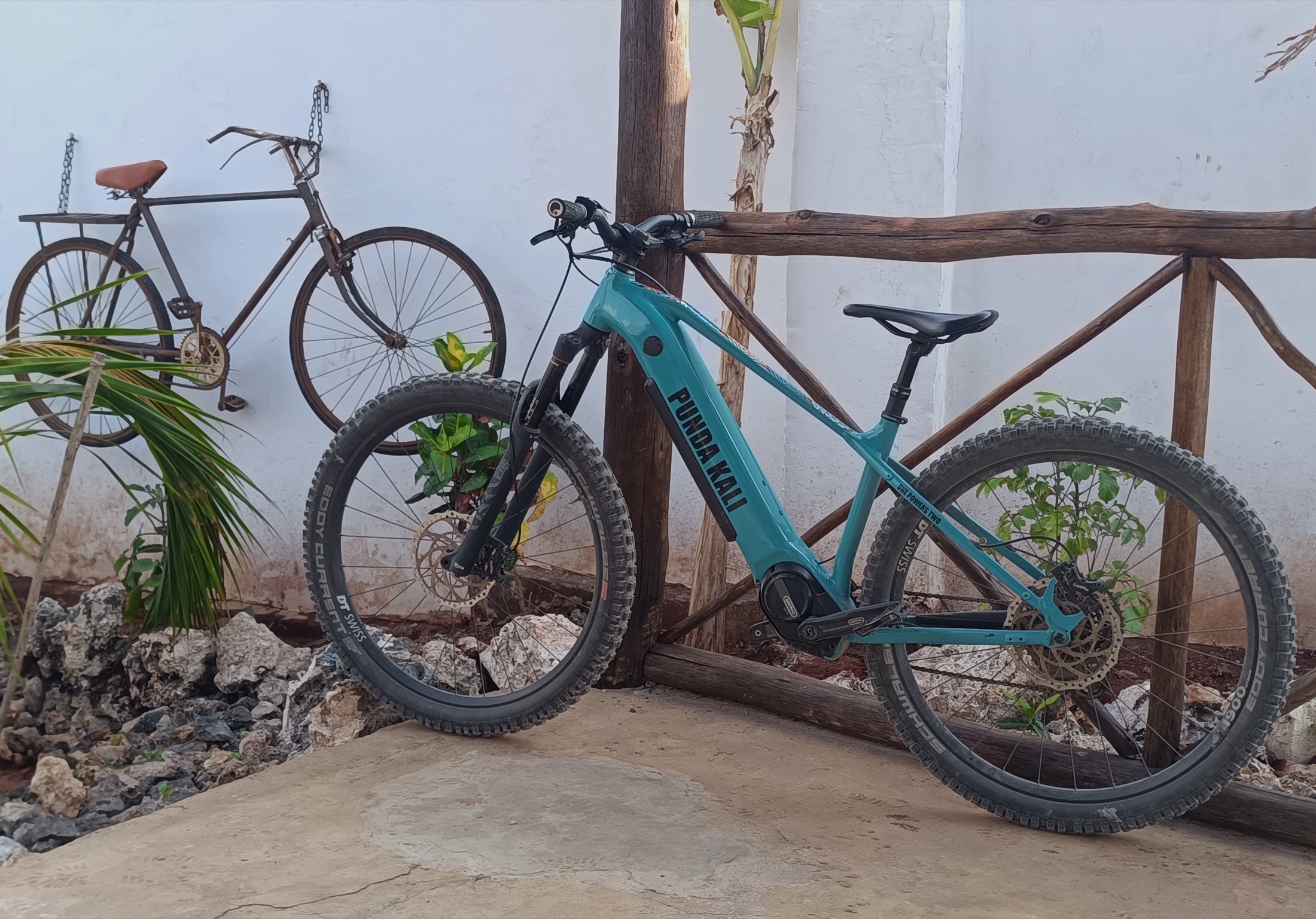A turquoise Punda Kali electric mountain bike beside a rustic wooden railing